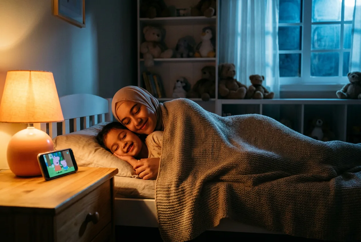 Mutter und Tochter kuscheln unter der Decke und hören gemeinsam ihre Gute-Nacht-Geschichte