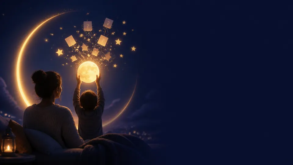 Ein Kind und ein Elternteil halten gemeinsam einen leuchtenden Mond, Gesichter nicht erkennbar