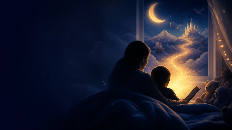 Eine Familie liest im Mondlicht eine Gute-Nacht-Geschichte, Gesichter nicht erkennbar