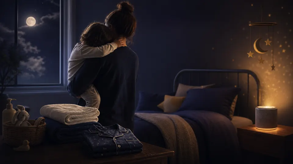 Ein Elternteil trägt ein Kind im abendlichen Kinderzimmer, Gesichter nicht erkennbar